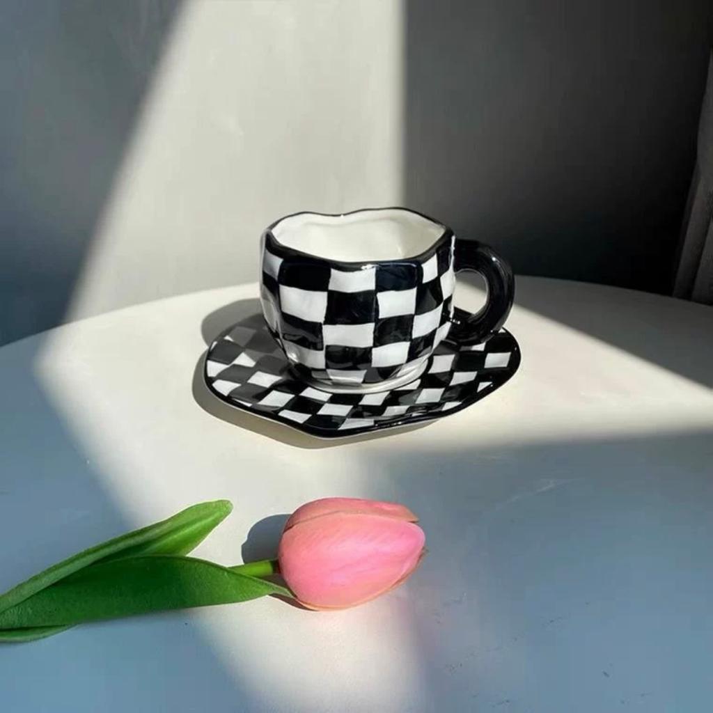 Customized Hand Painted Sky White Cloud Ceramic Tea Cup | Black & White Cup | Tulip Handmade Coffee Cup