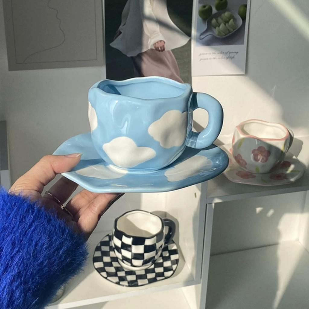 Customized Hand Painted Sky White Cloud Ceramic Tea Cup | Black & White Cup | Tulip Handmade Coffee Cup