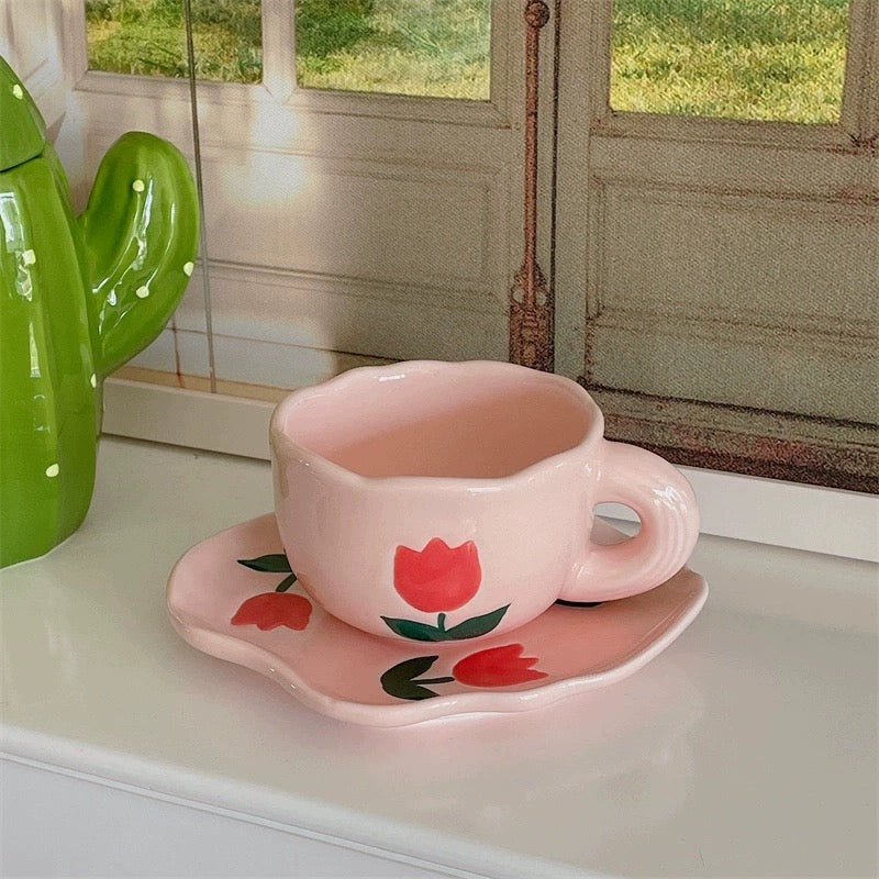 Hand Painted Pink Tulip Tea Cup | Purple Flower Coffee Cup | High value Orange Tea/Coffee Cup