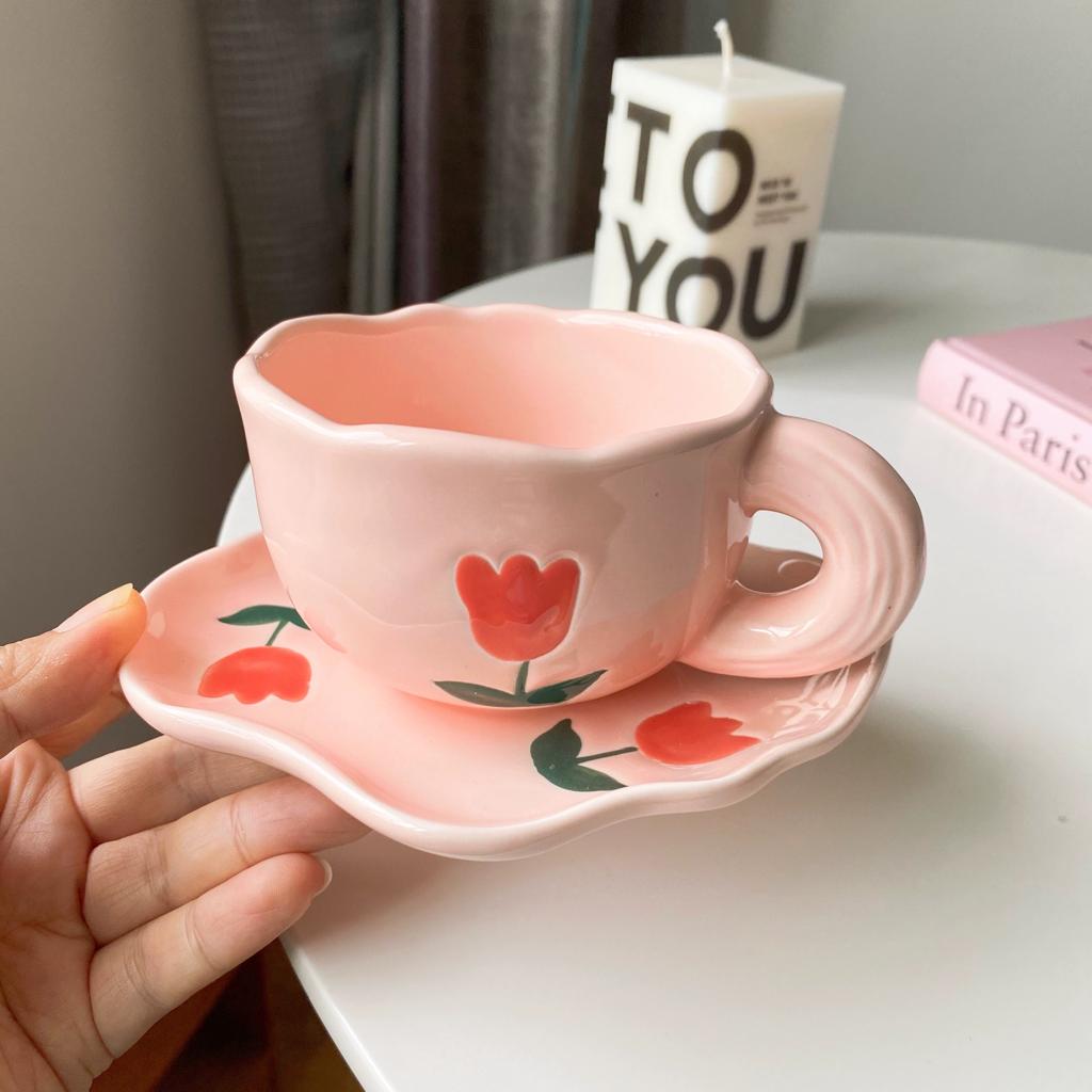 Hand Painted Pink Tulip Tea Cup | Purple Flower Coffee Cup | High value Orange Tea/Coffee Cup