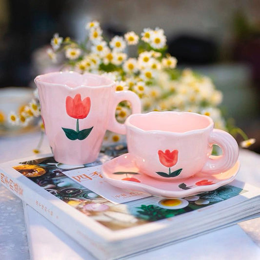 Hand Painted Pink Tulip Tea Cup | Purple Flower Coffee Cup | High value Orange Tea/Coffee Cup