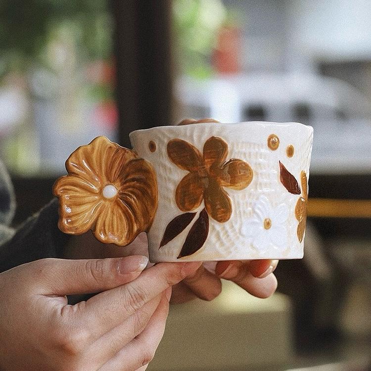 Retro Embossed Creative Ceramic Coffee Mug | Cute Flower Painted Tea Cup