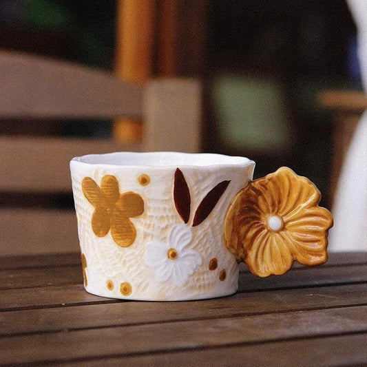 Retro Embossed Creative Ceramic Coffee Mug | Cute Flower Painted Tea Cup