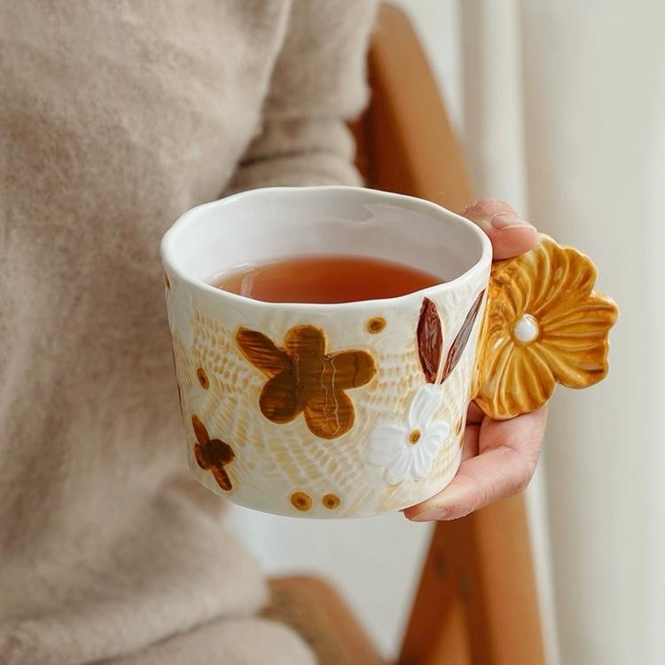 Retro Embossed Creative Ceramic Coffee Cup | Cute Flower Painted Tea Mug